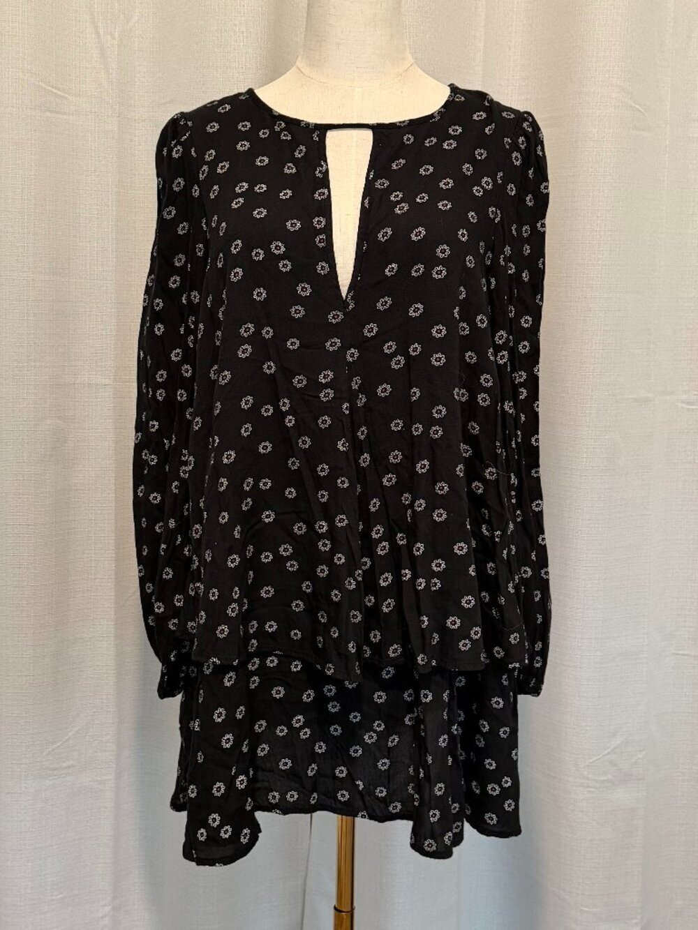 Free People NY Beck Black Floral Tiered Mini Dress Boho Small - Picture 2 of 13